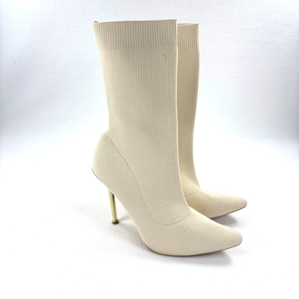 Knit Pointed Toe Sock Booties Stiletto Ivory Cream 4.5" High Heels Size 8.5‎